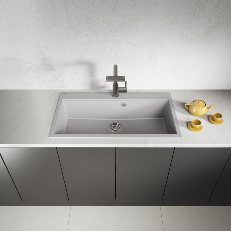 Zlewozmywak Granitowy 1 komorowy 50x90cm z syfonem Szary TAU Laveo Zlewozmywak Granitowy 1 komorowy 50x90cm z syfonem Szary TAU Laveo