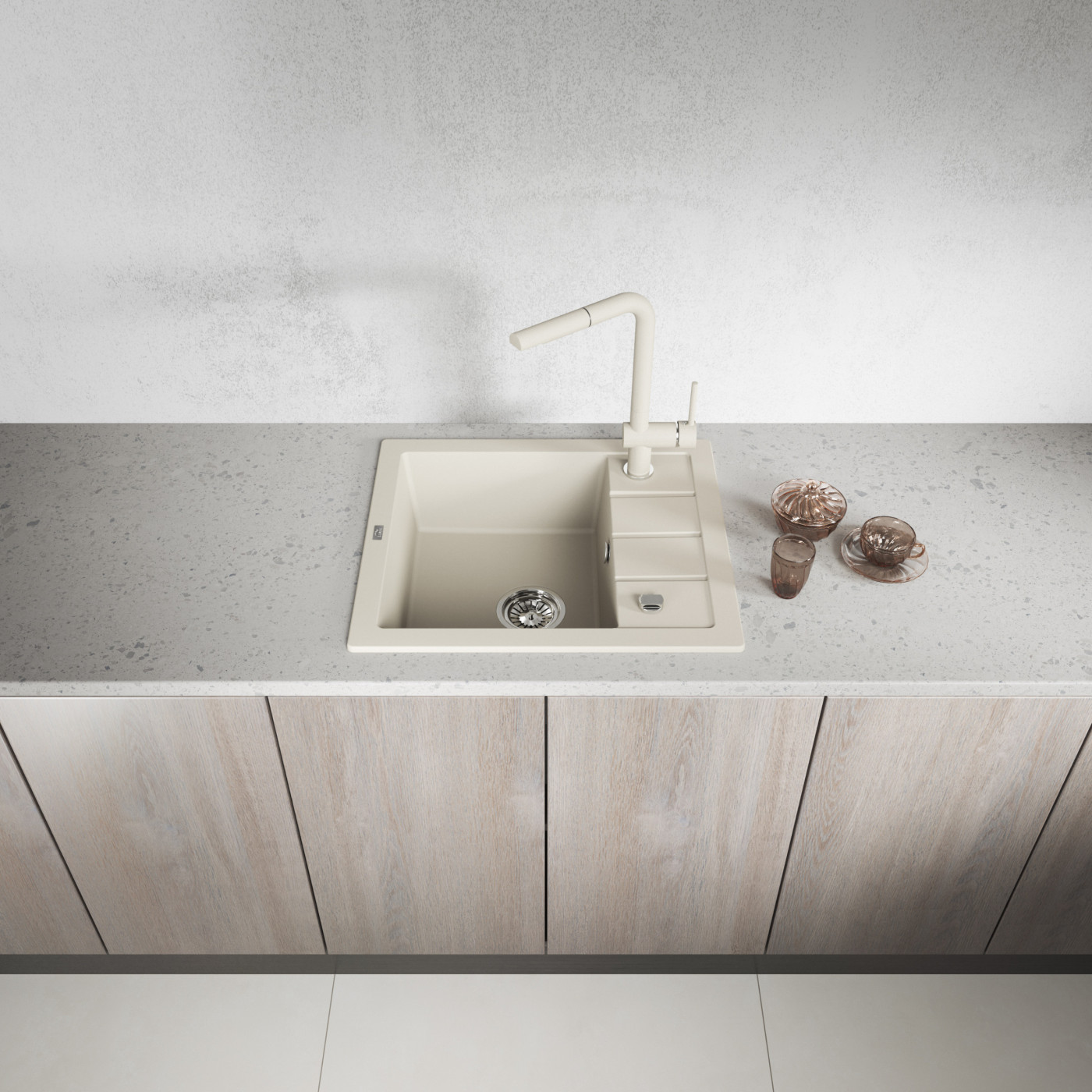 Zlewozmywak Granitowy 1-komorowy ociekacz 50x57cm syfon Laveo TRZYNASTKA Beżowy Zlewozmywak Granitowy 1-komorowy ociekacz 50x57cm syfon Laveo TRZYNASTKA Beżowy