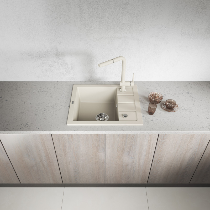 Zlewozmywak Granitowy 1-komorowy ociekacz 50x57cm syfon Laveo TRZYNASTKA Beżowy Zlewozmywak Granitowy 1-komorowy ociekacz 50x57cm syfon Laveo TRZYNASTKA Beżowy