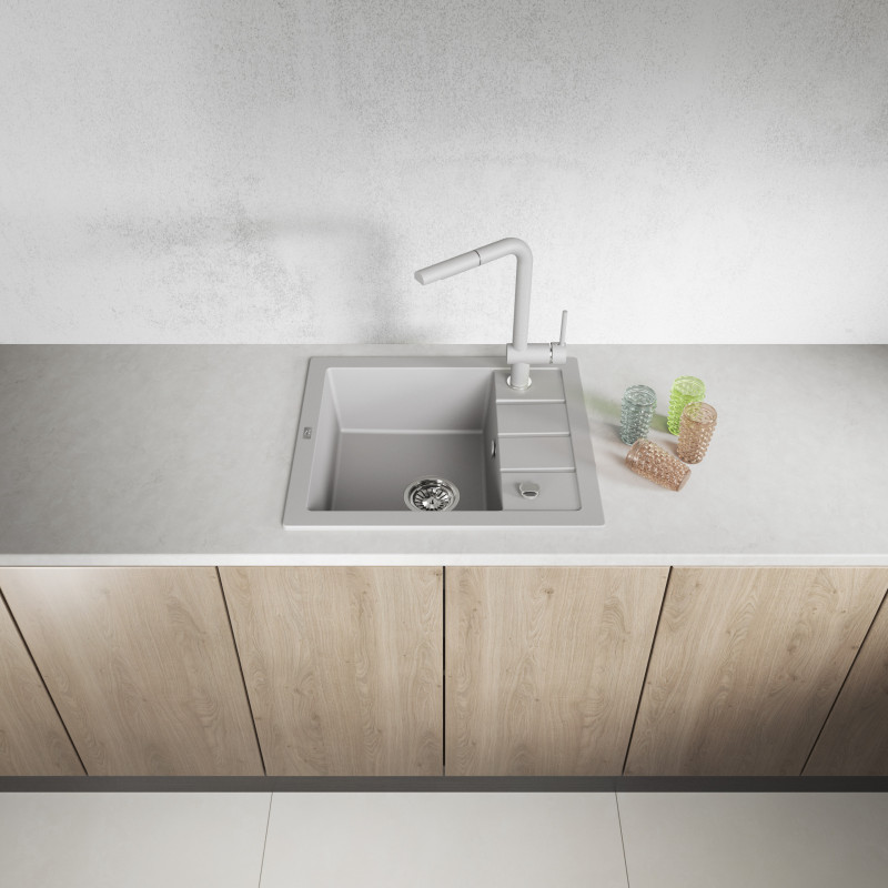 Zlewozmywak Granitowy 1-komorowy ociekacz 50x57cm syfon Laveo TRZYNASTKA Szary Zlewozmywak Granitowy 1-komorowy ociekacz 50x57cm syfon Laveo TRZYNASTKA Szary