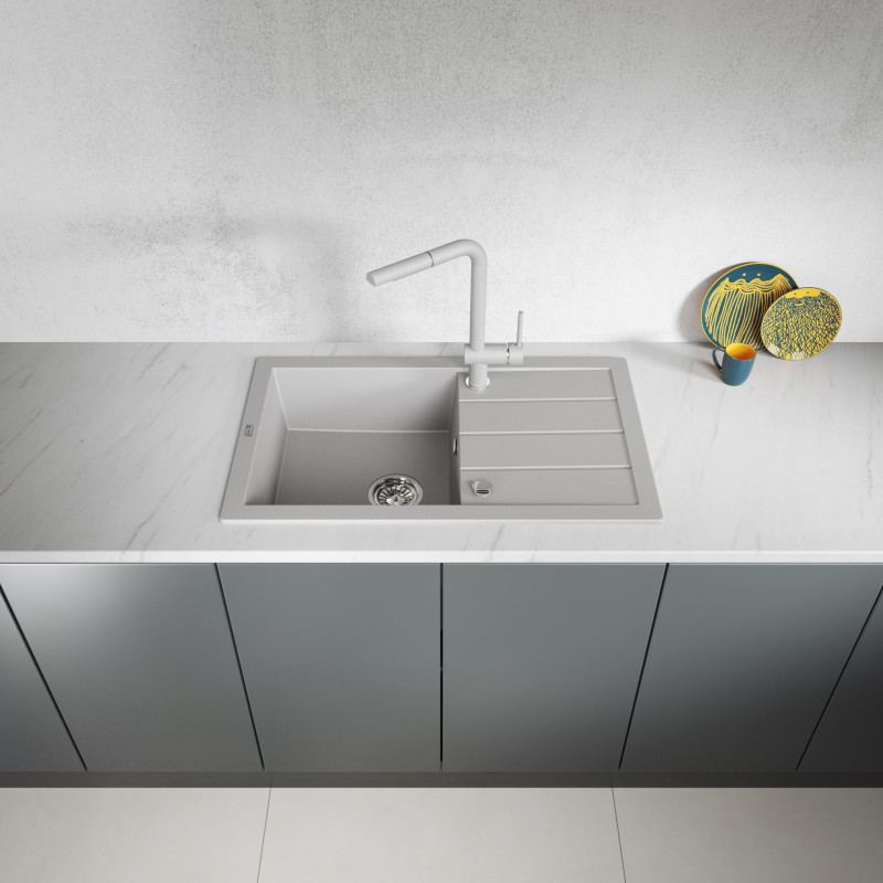 Zlewozmywak Granitowy 1 komorowy 44x44cm z syfonem Szary TRZYNASTKA Laveo Zlewozmywak Granitowy 1 komorowy 44x44cm z syfonem Szary TRZYNASTKA Laveo