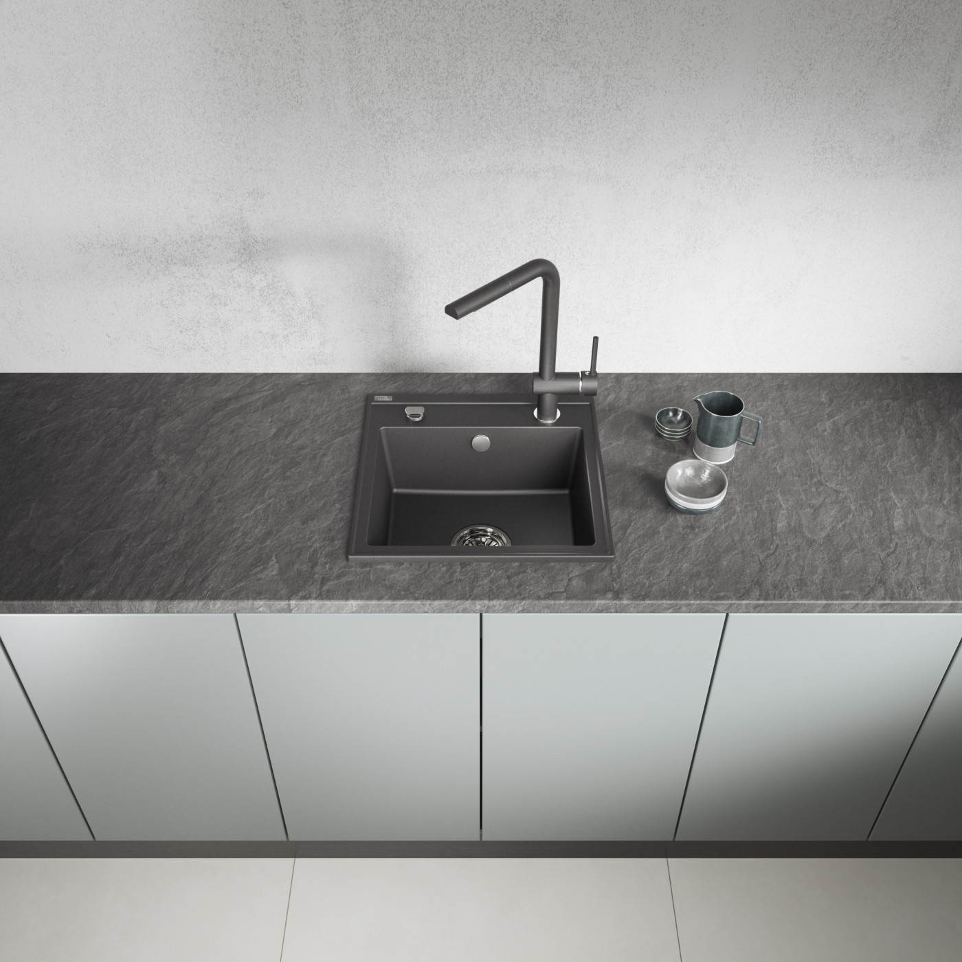 Zlewozmywak Granitowy 1 komorowy 44x44cm z syfonem Czarny TRZYNASTKA Laveo Zlewozmywak Granitowy 1 komorowy 44x44cm z syfonem Czarny TRZYNASTKA Laveo