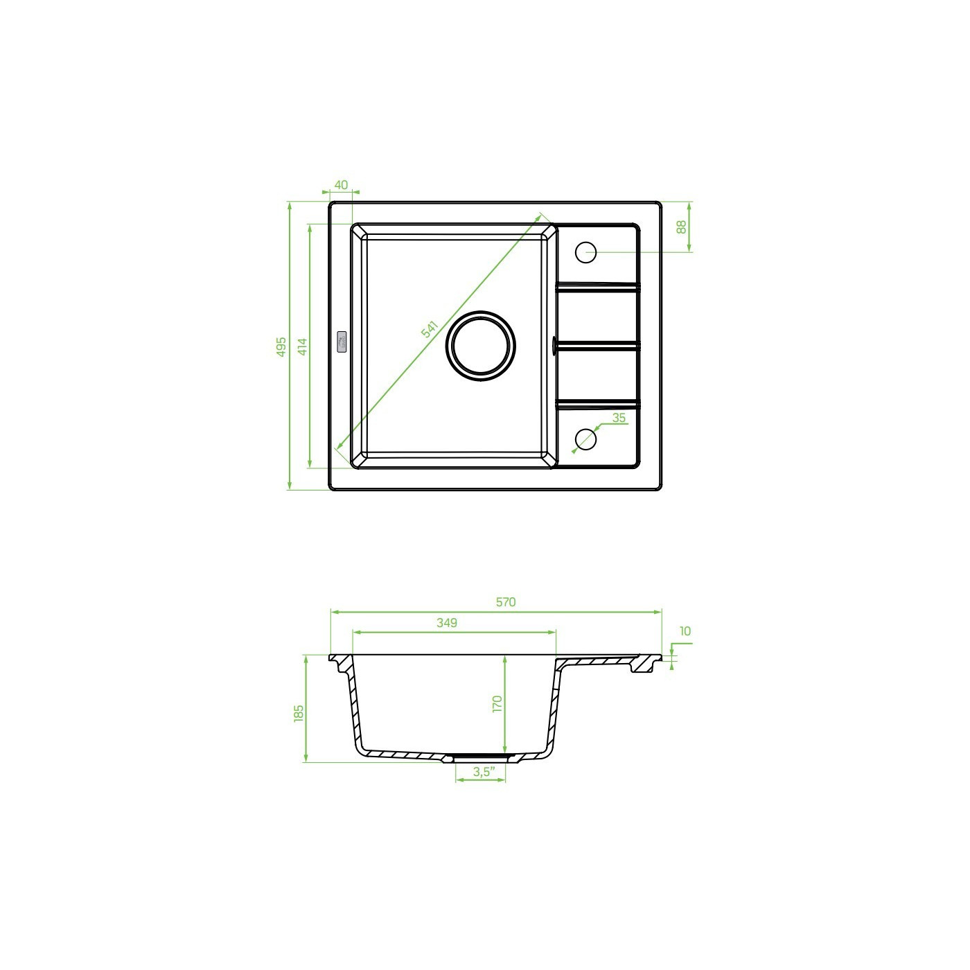 Zlewozmywak Granitowy 1-komorowy ociekacz 50x57cm syfon Laveo TRZYNASTKA Czarny