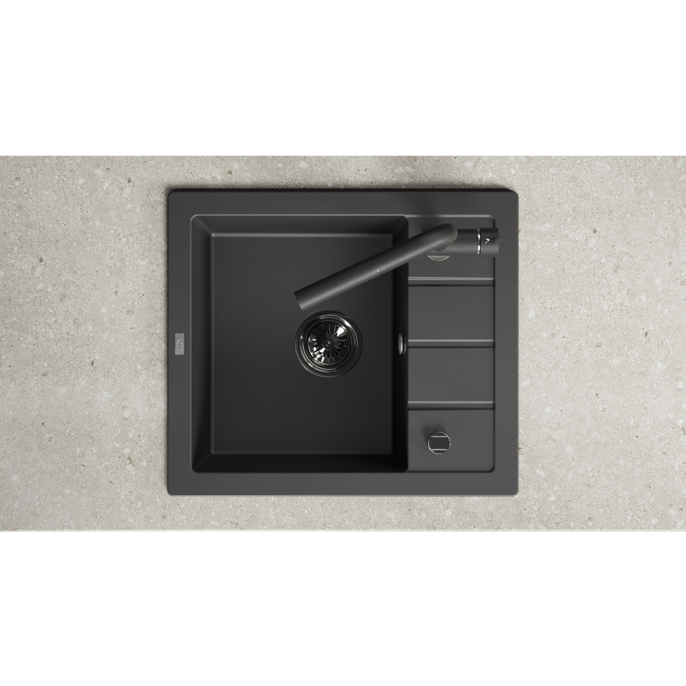 Zlewozmywak Granitowy 1-komorowy ociekacz 50x57cm syfon Laveo TRZYNASTKA Czarny