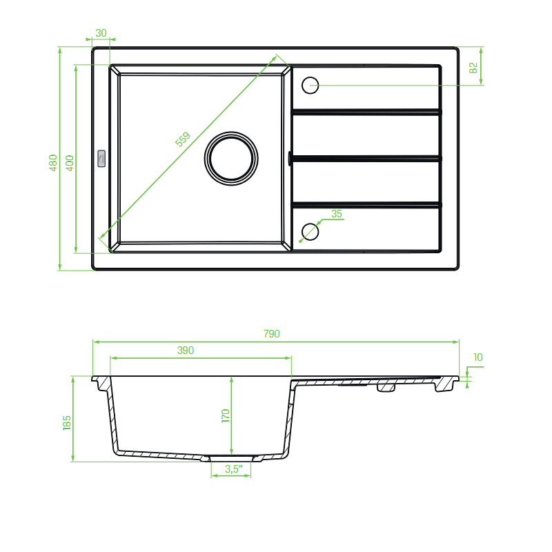Zlewozmywak Jednokomorowy Granitowy Szary 790x480mm Trzynastka