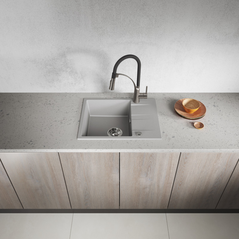 Zlew Zlewozmywak Jednokomorowy Granitowy Szary z Półociekaczem Zlew Zlewozmywak Jednokomorowy Granitowy Szary z Półociekaczem