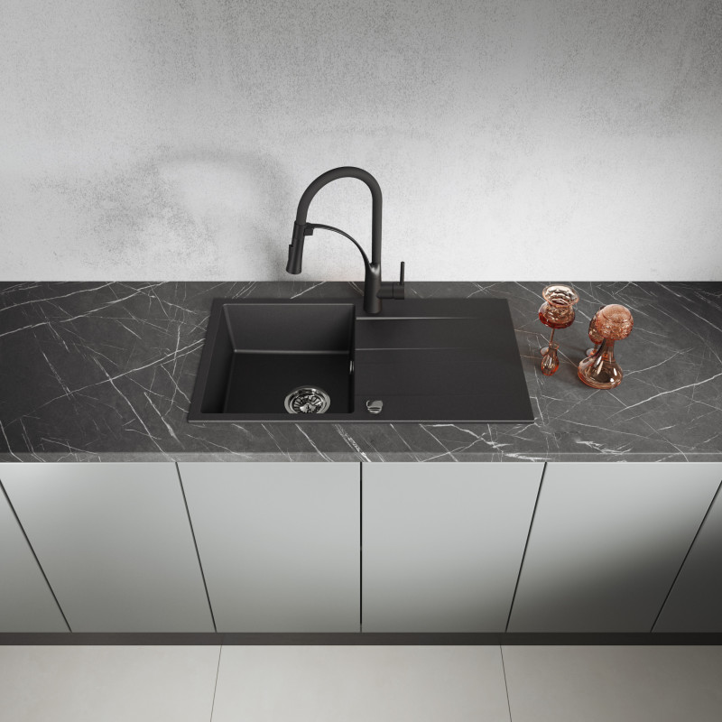 Zlew Zlewozmywak Jednokomorowy Granitowy Czarny z Ociekaczem Zlew Zlewozmywak Jednokomorowy Granitowy Czarny z Ociekaczem