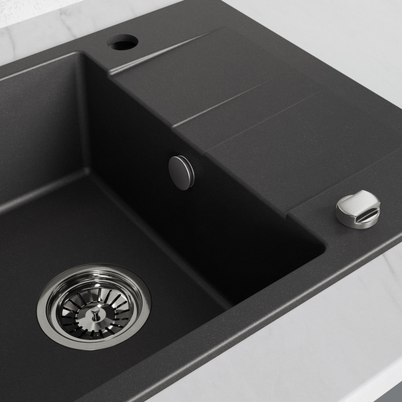 Zlew Zlewozmywak Jednokomorowy Granitowy Czarny z Półociekaczem