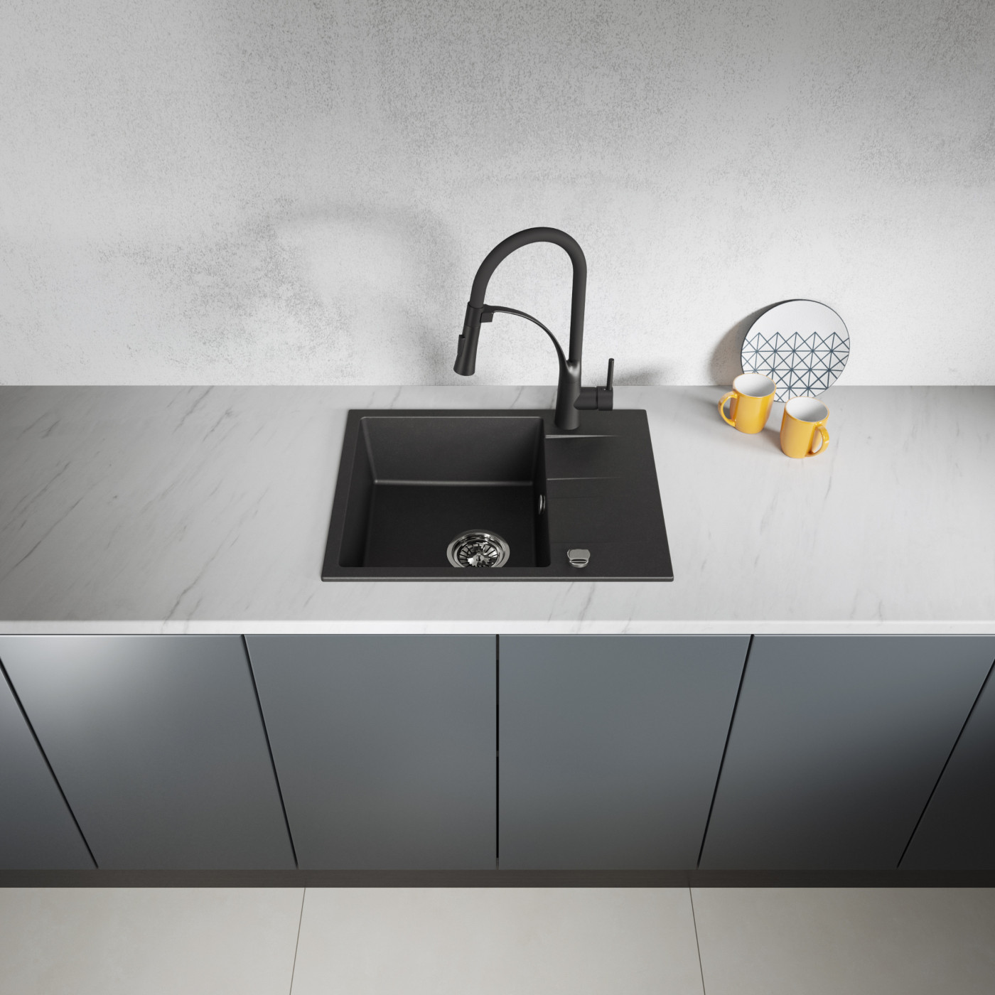 Zlew Zlewozmywak Jednokomorowy Granitowy Czarny z Półociekaczem