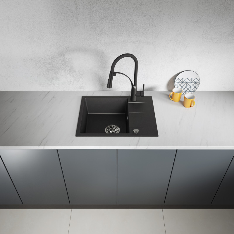 Zlew Zlewozmywak Jednokomorowy Granitowy Czarny z Półociekaczem