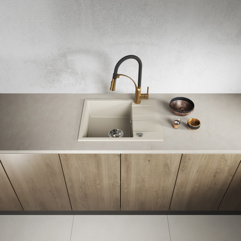 Zlew Zlewozmywak Jednokomorowy Granitowy Beżowy z Półociekaczem Zlew Zlewozmywak Jednokomorowy Granitowy Beżowy z Półociekaczem