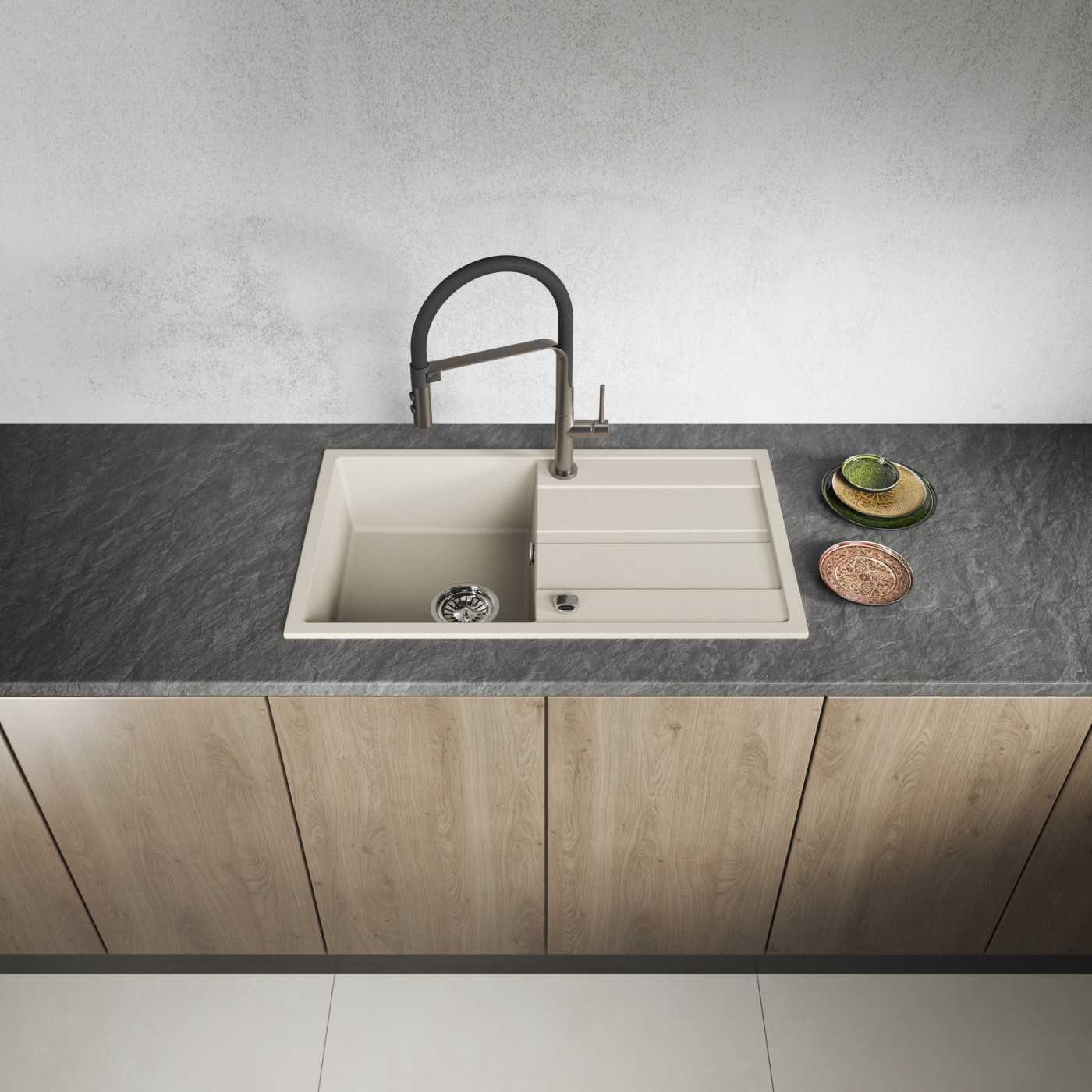 Zlew Zlewozmywak Jednokomorowy Granitowy Beżowy z Ociekaczem VITI Zlew Zlewozmywak Jednokomorowy Granitowy Beżowy z Ociekaczem VITI