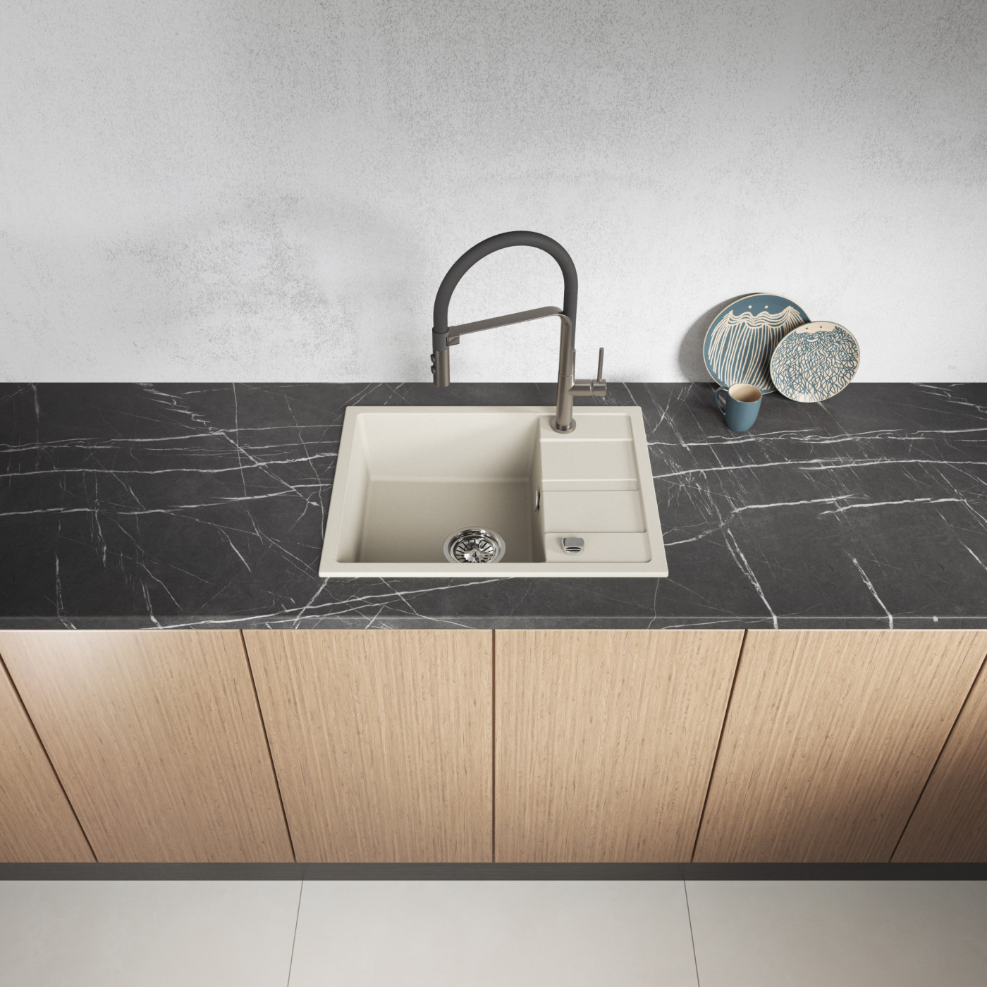 Zlew Zlewozmywak Jednokomorowy Granitowy Beżowy z Półociekaczem VITI