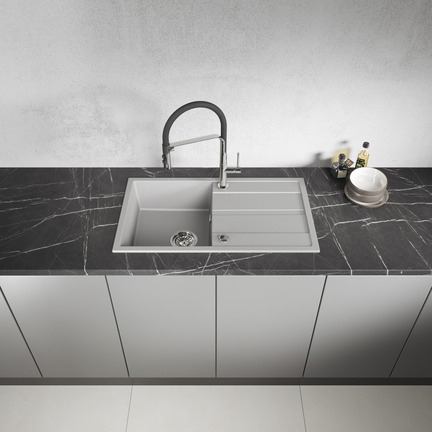 Zlew Zlewozmywak Jednokomorowy Granitowy Szary z Ociekaczem VITI Zlew Zlewozmywak Jednokomorowy Granitowy Szary z Ociekaczem VITI