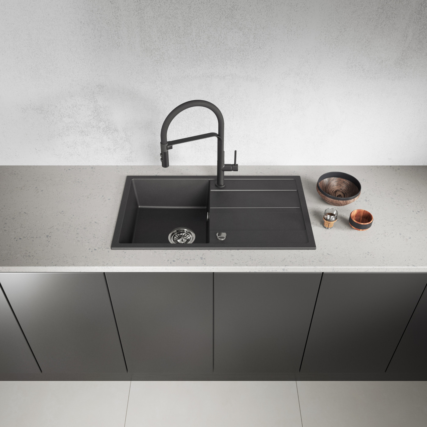 Zlew Zlewozmywak Jednokomorowy Granitowy Czarny z Ociekaczem VITI Zlew Zlewozmywak Jednokomorowy Granitowy Czarny z Ociekaczem VITI