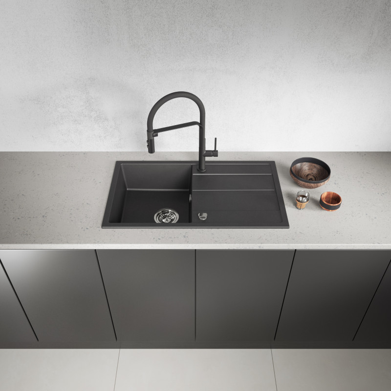 Zlew Zlewozmywak Jednokomorowy Granitowy Czarny z Ociekaczem VITI Zlew Zlewozmywak Jednokomorowy Granitowy Czarny z Ociekaczem VITI