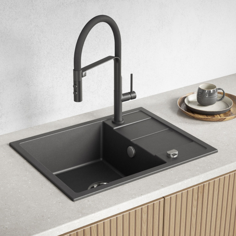 Zlew Zlewozmywak Jednokomorowy Granitowy Czarny z Półociekaczem VITI