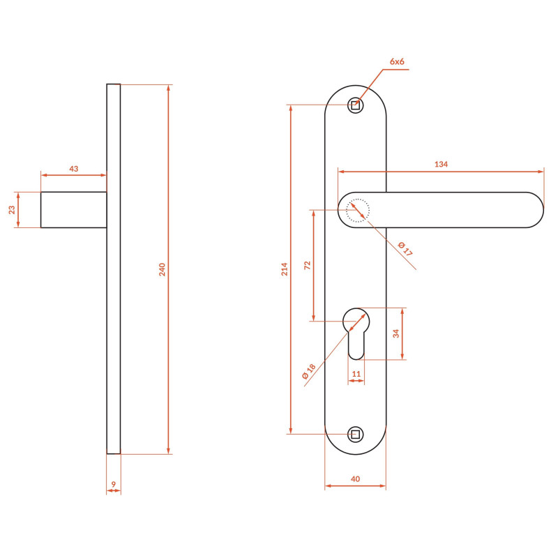 Klamka Wewnętrzna na szyldzie długim na klucz Malaga Satyna Kuchinox KMG_3M1A