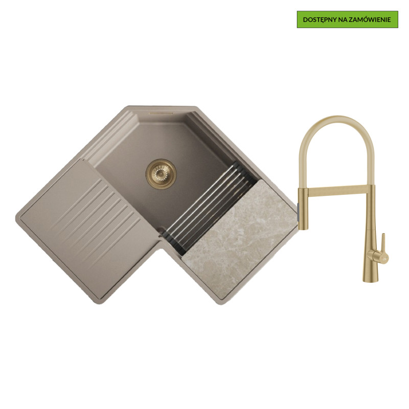 Zlewozmywak Granitowy Narożny Tau Szary Z Akcesoriami I Baterią Cone