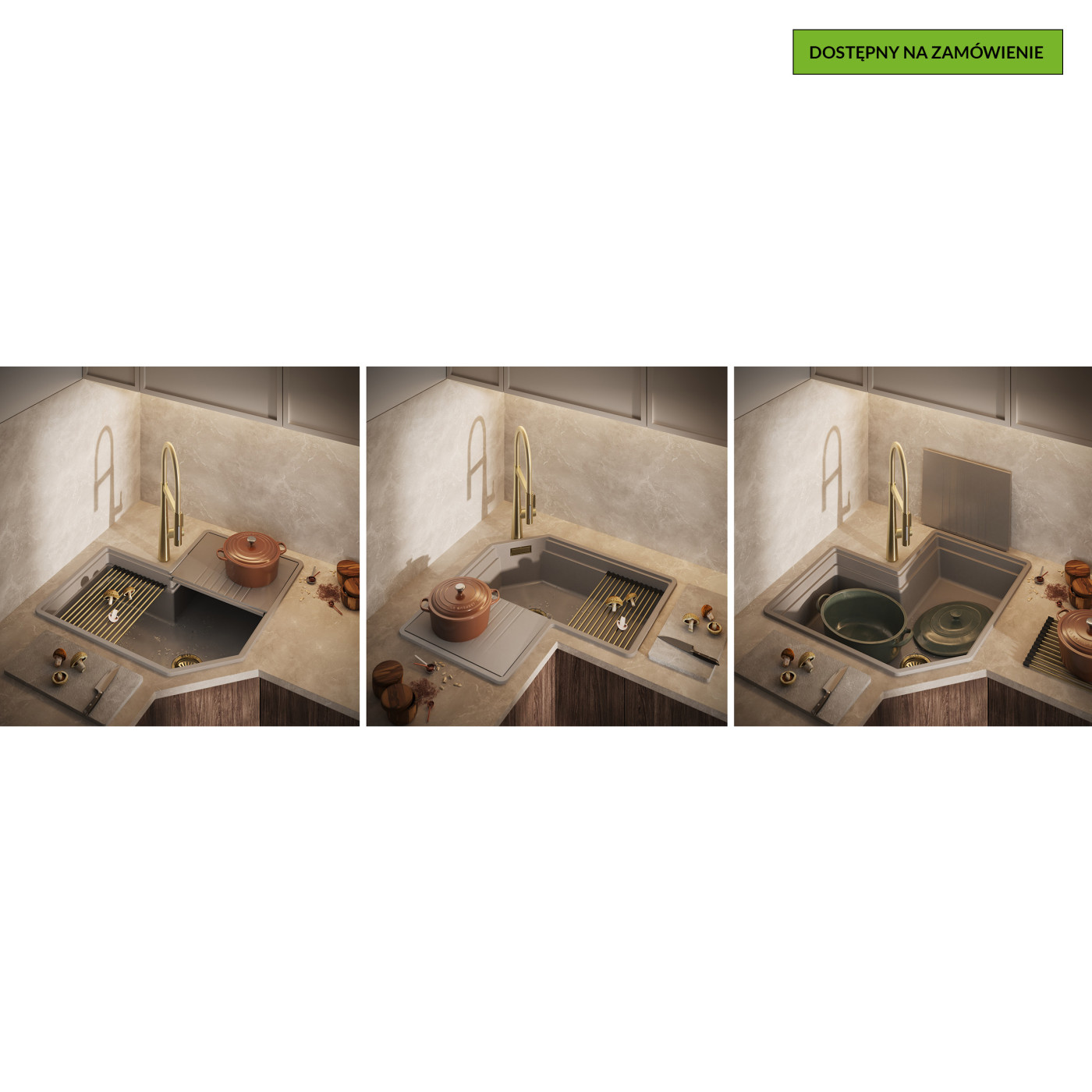 Zlewozmywak Granitowy Narożny Tau Szary Z Akcesoriami I Baterią Cone