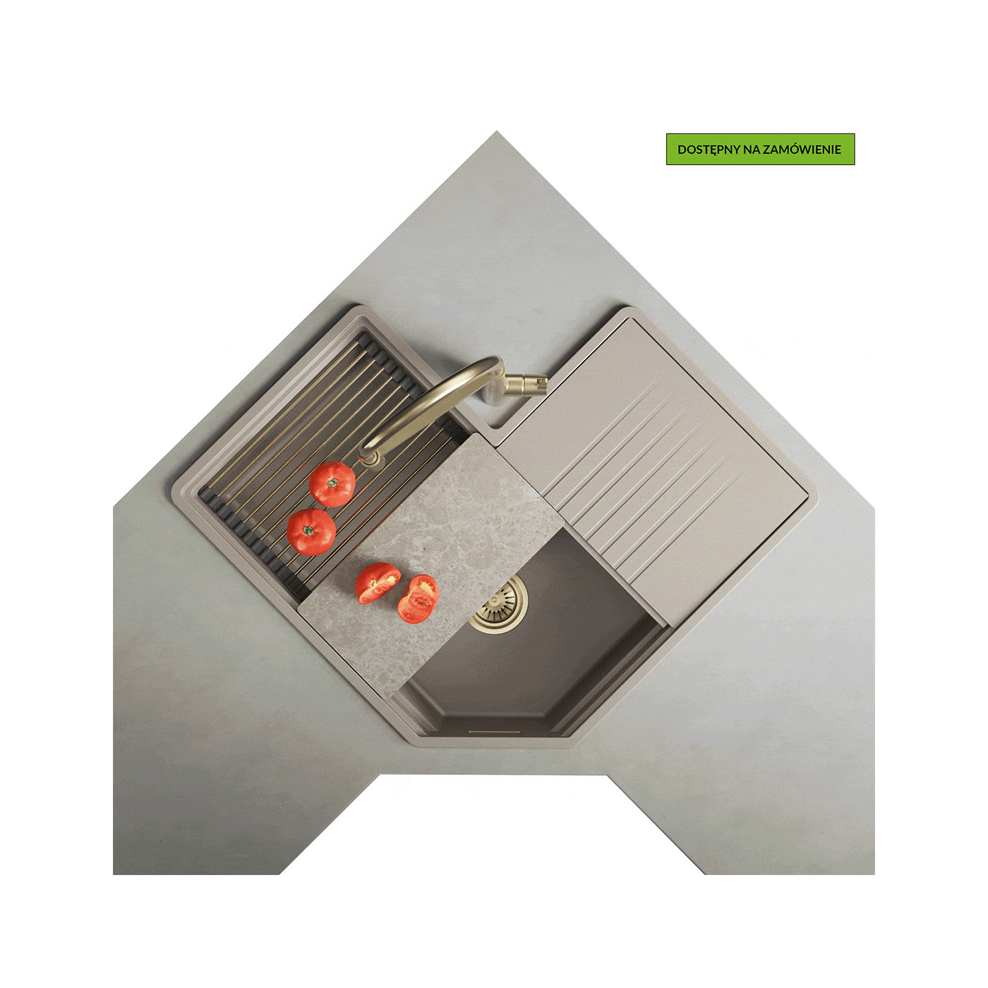 Zlewozmywak Granitowy Narożny Tau Szary Z Akcesoriami I Baterią Cone