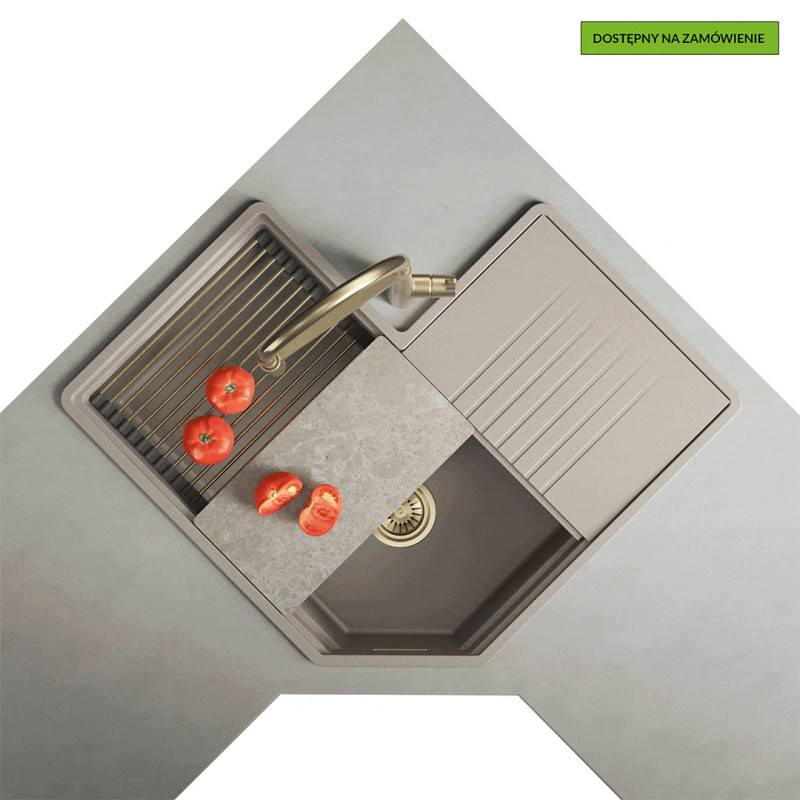 Zlewozmywak Granitowy Narożny Tau Szary Z Akcesoriami I Baterią Cone