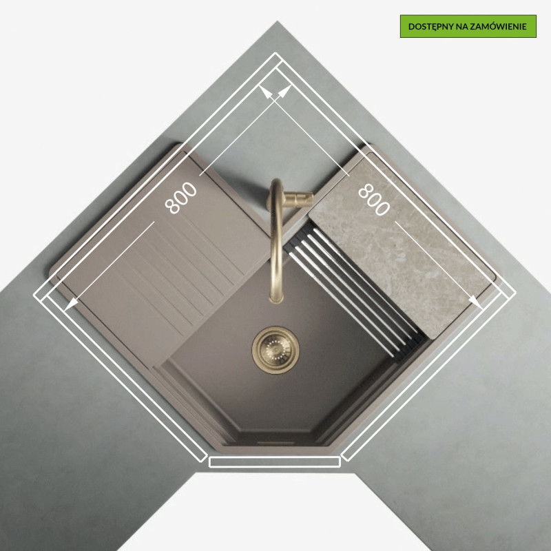 Zlewozmywak Granitowy Narożny Tau Szary Z Akcesoriami I Baterią Cone