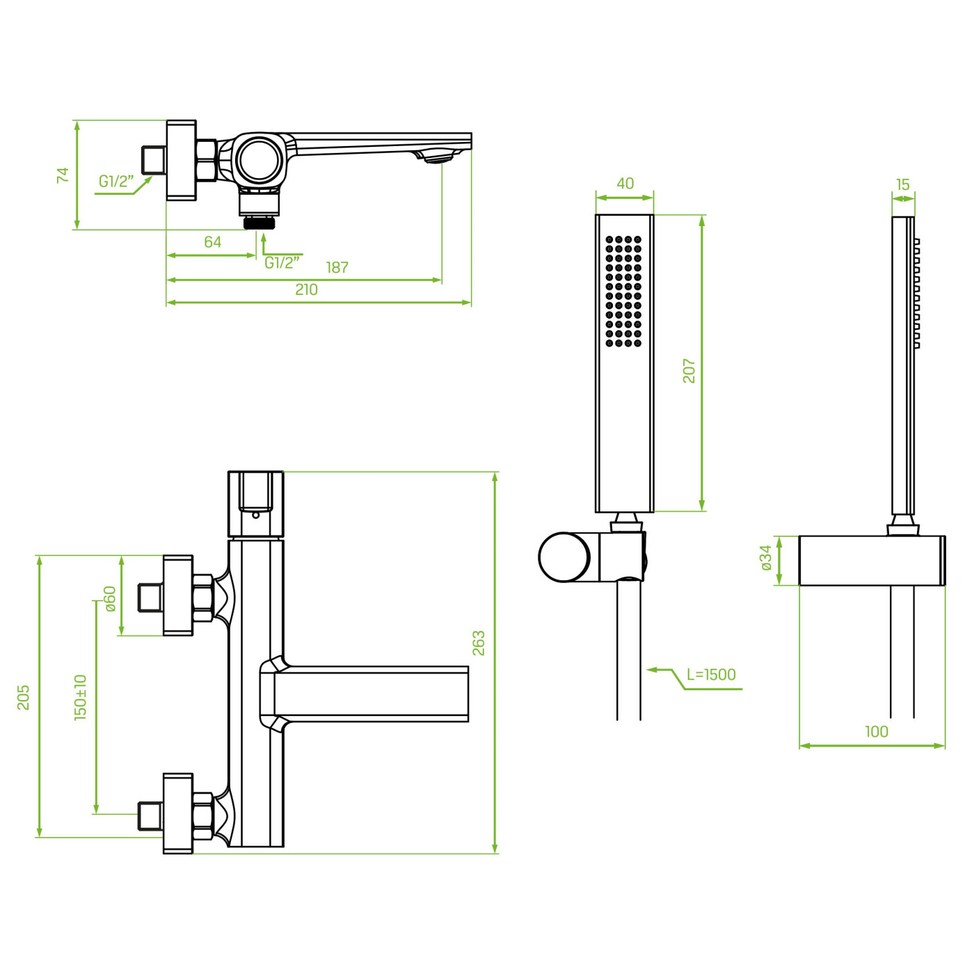 Bateria Wannowa Ścienna Z Zestawem Natryskowym Grafitowa Tores Bateria Wannowa Ścienna Z Zestawem Natryskowym Grafitowa Tores