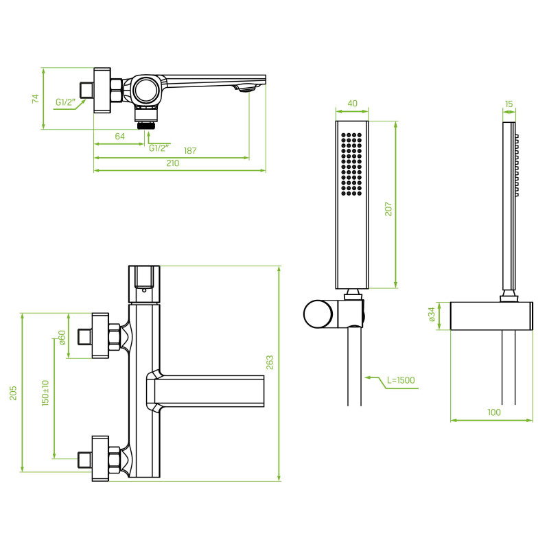 Bateria Wannowa Ścienna Z Zestawem Natryskowym Grafitowa Tores Bateria Wannowa Ścienna Z Zestawem Natryskowym Grafitowa Tores