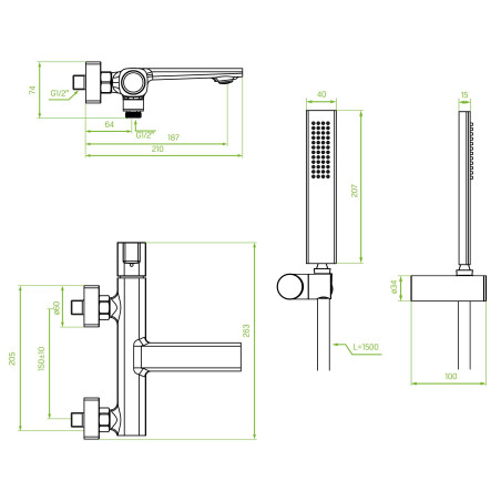Bateria Wannowa Ścienna Z Zestawem Natryskowym Grafitowa Tores