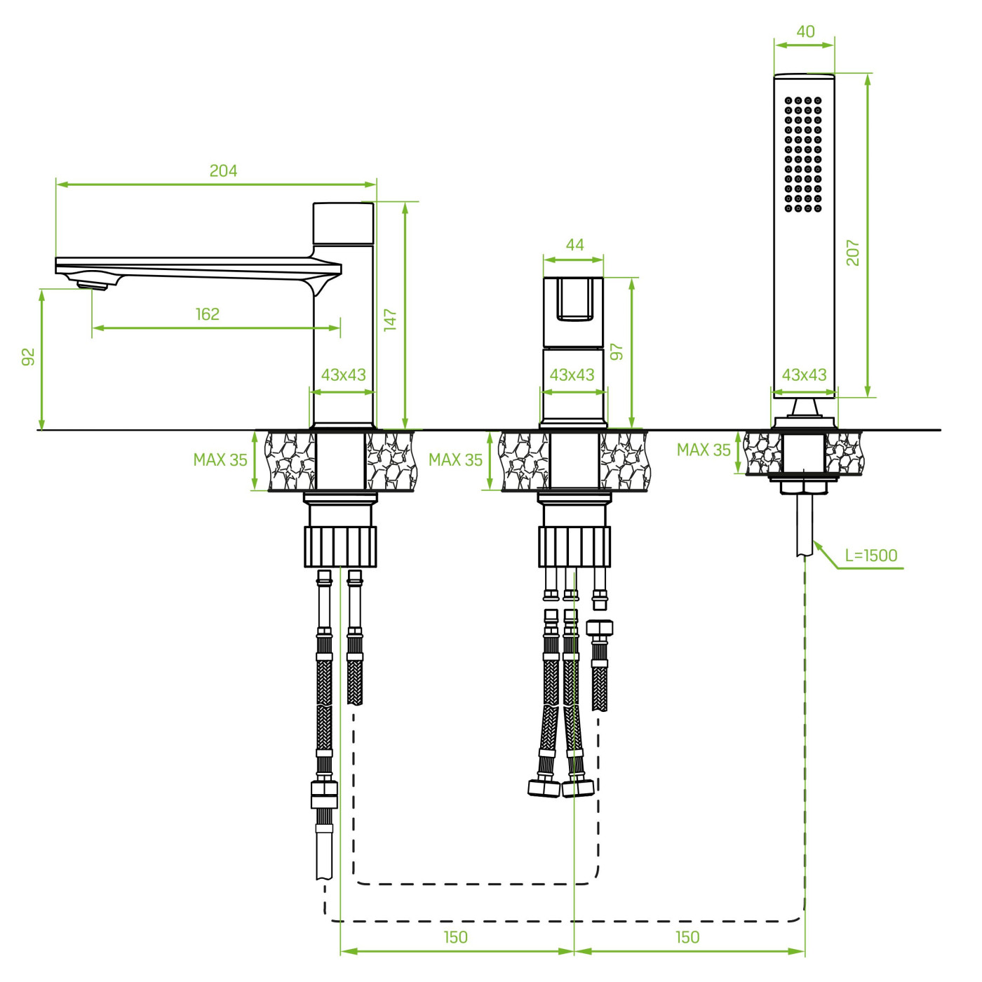 Bateria Wannowa Trzyotworowa Tores Grafit