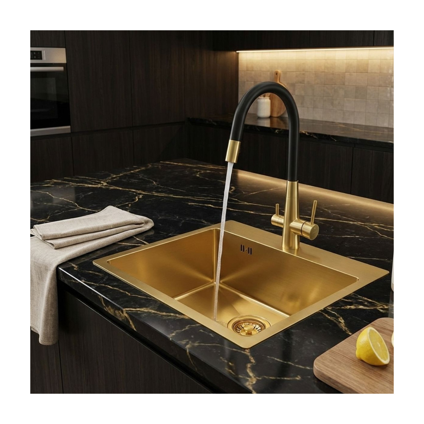 Zlewozmywak Jednokomorowy Malawi Z Syfonem I Baterią Filtrujacą Wodę Złoty Zlewozmywak Jednokomorowy Malawi Z Syfonem I Baterią Filtrujacą Wodę Złoty