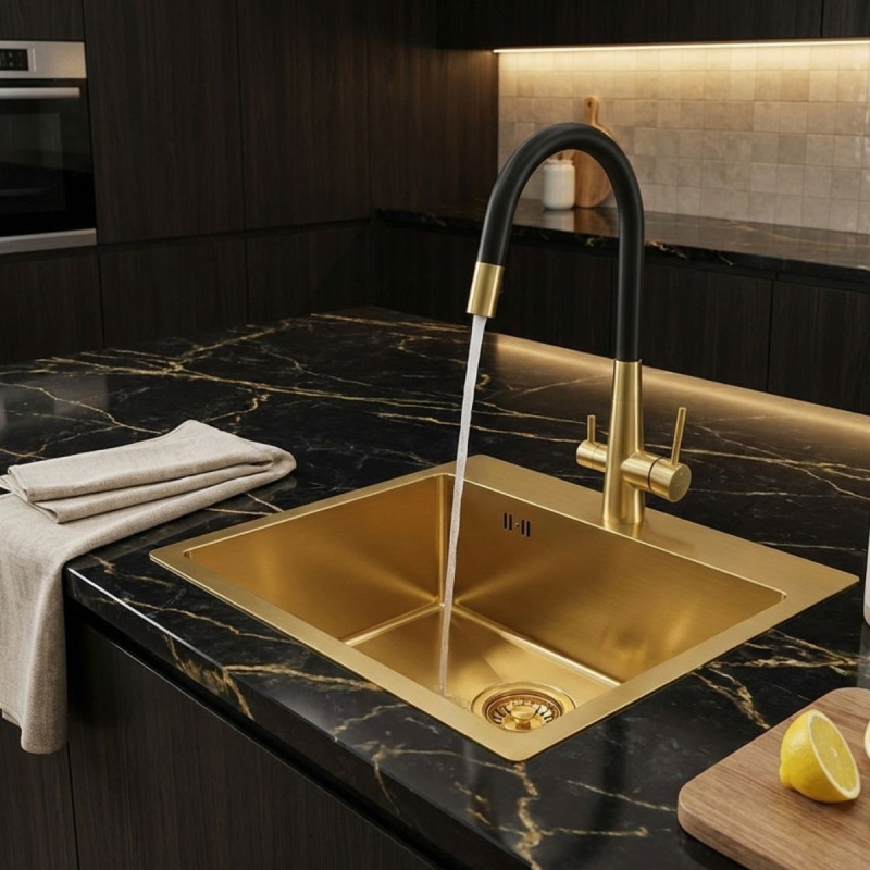 Zlewozmywak Jednokomorowy Malawi Z Syfonem I Baterią Filtrujacą Wodę Złoty Zlewozmywak Jednokomorowy Malawi Z Syfonem I Baterią Filtrujacą Wodę Złoty