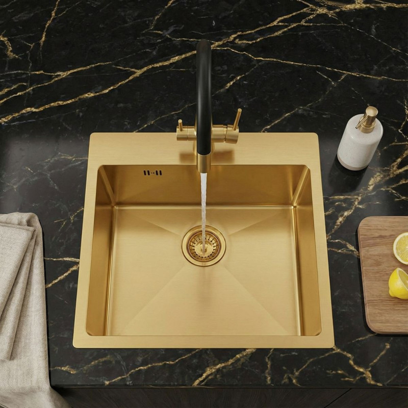 Zlewozmywak Jednokomorowy Malawi Z Syfonem I Baterią Filtrujacą Wodę Złoty Zlewozmywak Jednokomorowy Malawi Z Syfonem I Baterią Filtrujacą Wodę Złoty