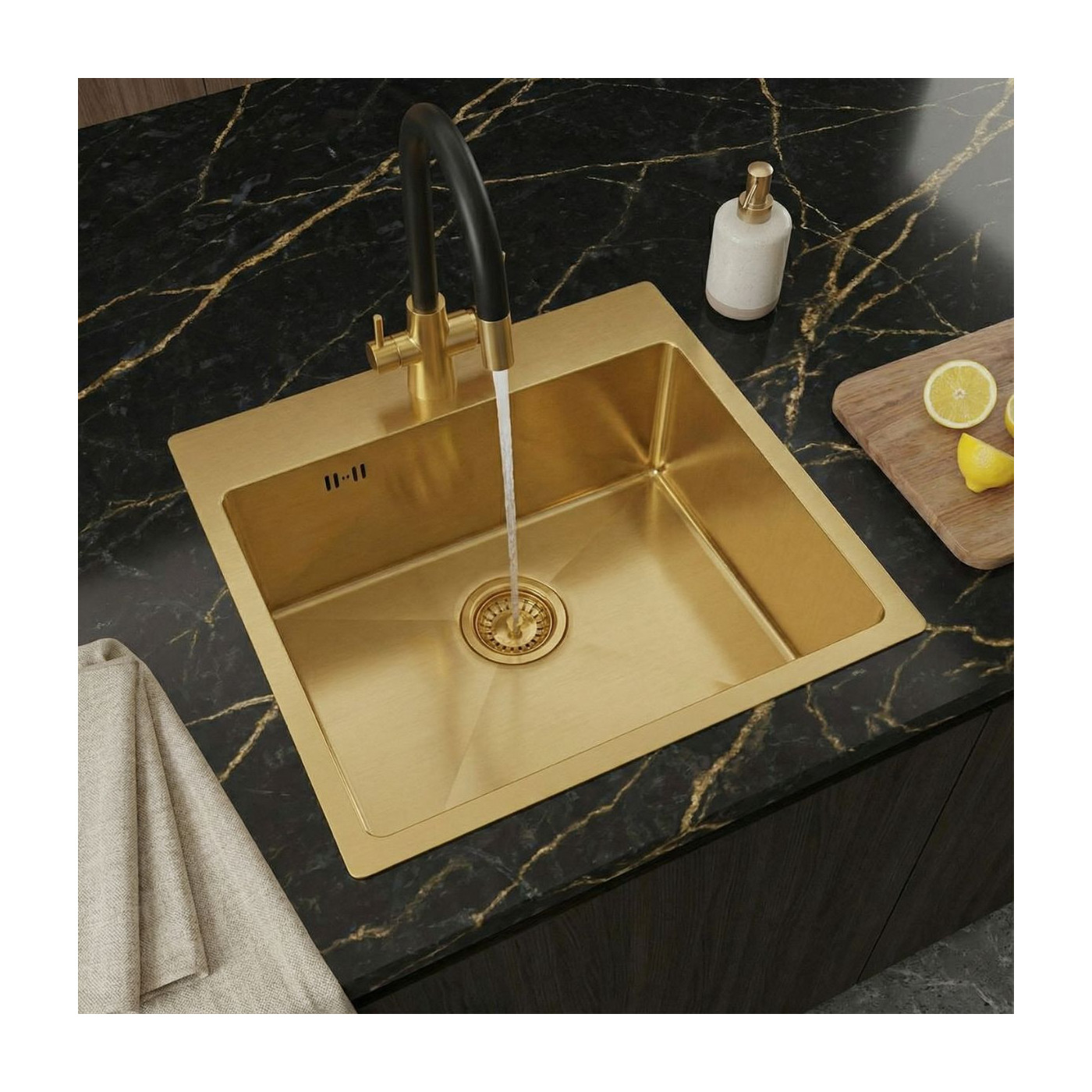 Zlewozmywak Jednokomorowy Malawi Z Syfonem I Baterią Filtrujacą Wodę Złoty Zlewozmywak Jednokomorowy Malawi Z Syfonem I Baterią Filtrujacą Wodę Złoty