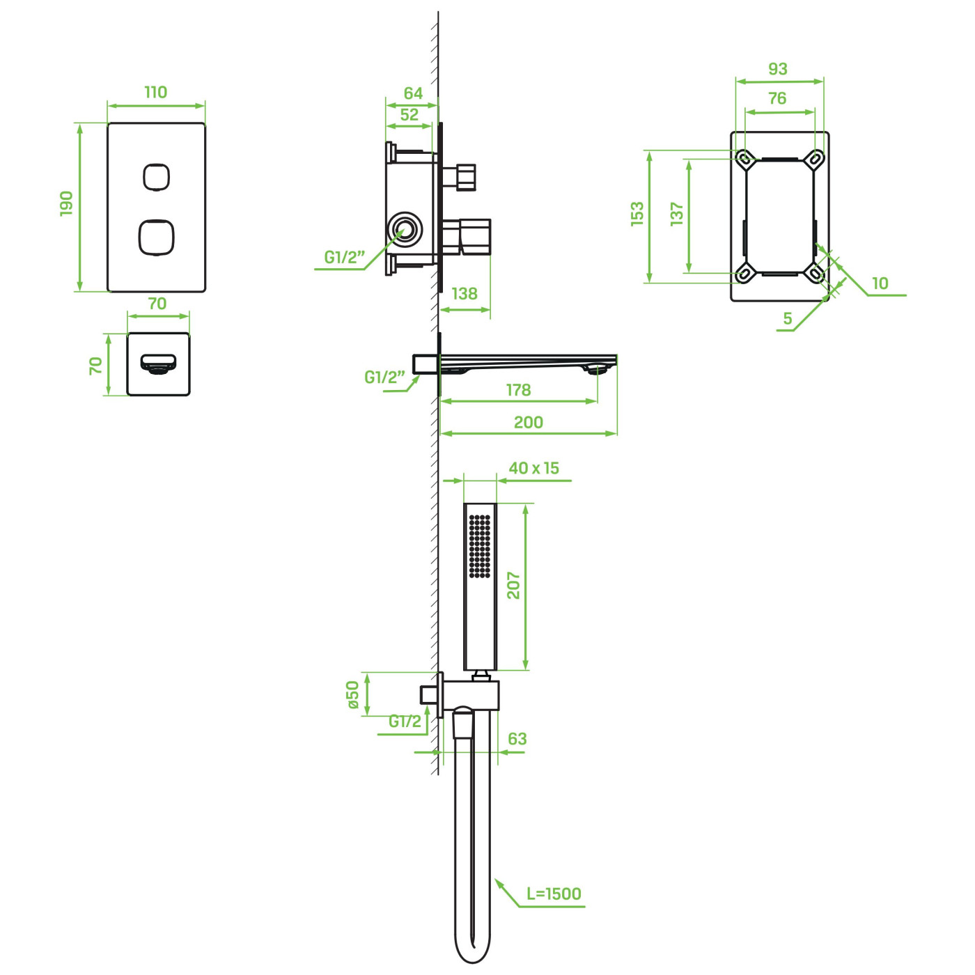 Bateria Wannowa Podtynkowa Z Zestawem Natryskowym Grafit Tores