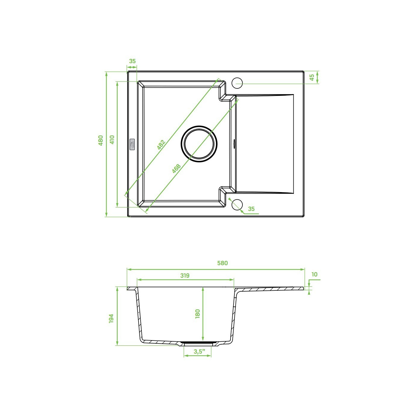 Zlew Zlewozmywak Granitowy Szary 1 komorowy Chichi 580x480 mm Zlew Zlewozmywak Granitowy Szary 1 komorowy Chichi 580x480 mm