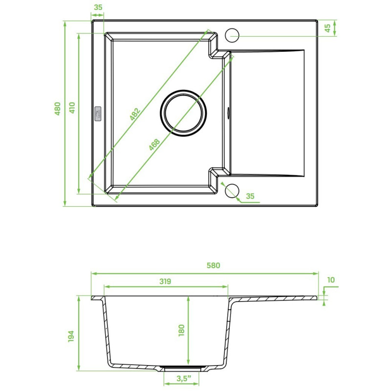 Zlew Zlewozmywak Granitowy Szary 1 komorowy Chichi 580x480 mm Zlew Zlewozmywak Granitowy Szary 1 komorowy Chichi 580x480 mm
