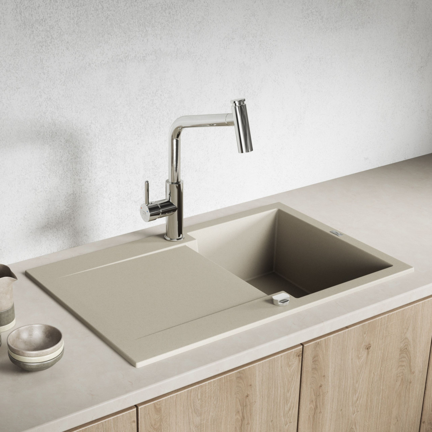 Zlewozmywak Granitowy Z Ociekaczem Chichi Beżowy 740x480 mm