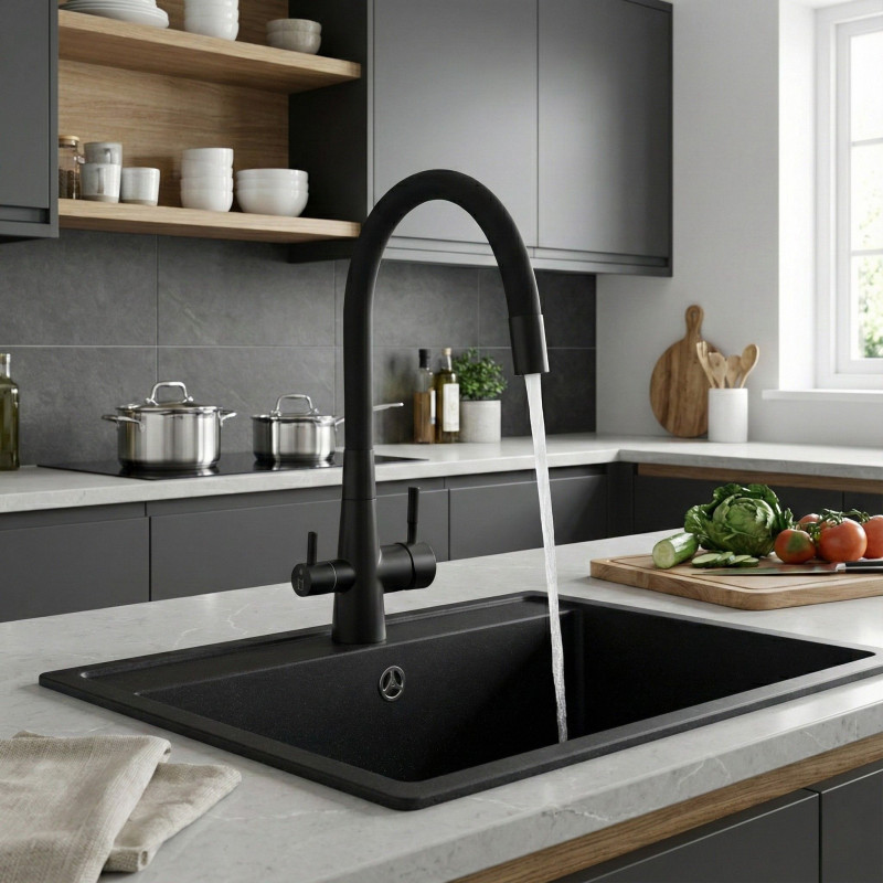 Bateria Filtrująca Wodę Z Elastyczną Wylewką + Filtr Zmiękczający Riveco Czarna Bateria Filtrująca Wodę Z Elastyczną Wylewką + Filtr Zmiękczający Riveco Czarna