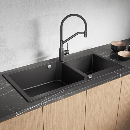 Zlewozmywak Granitowy Dwukomorowy Czarny MILOS