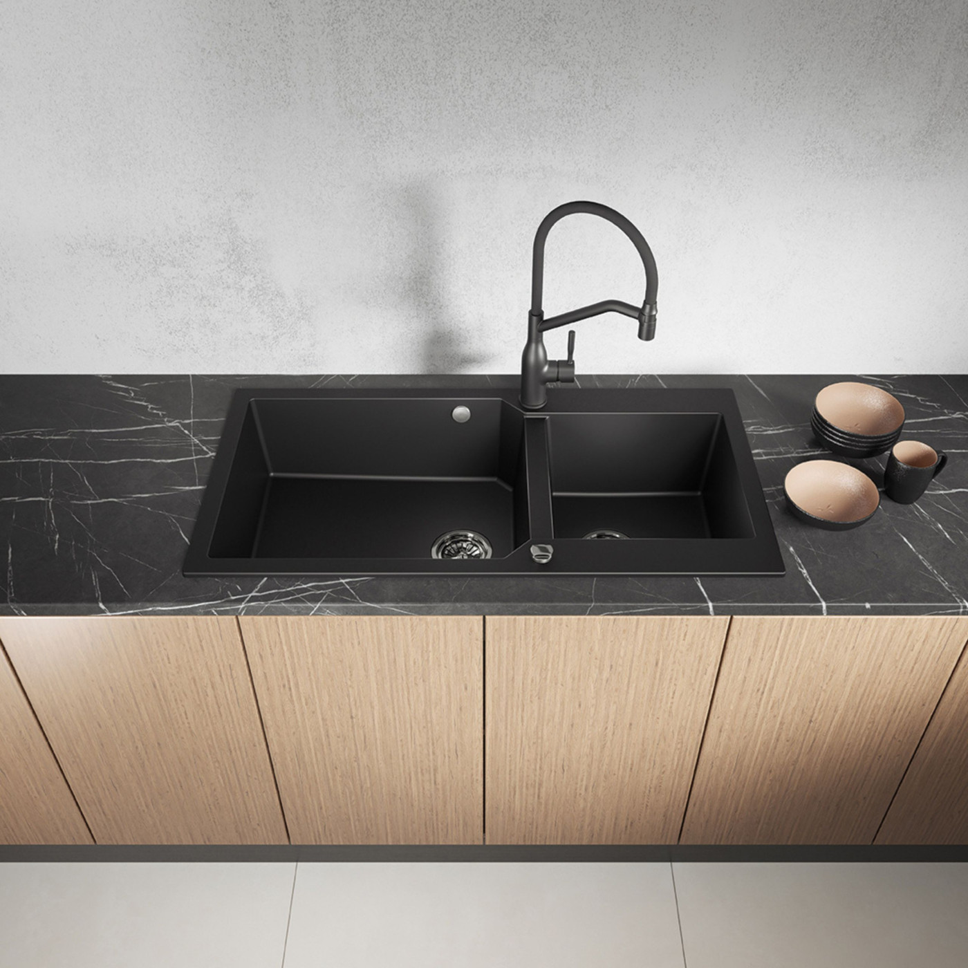 Zlewozmywak Granitowy Dwukomorowy Czarny MILOS