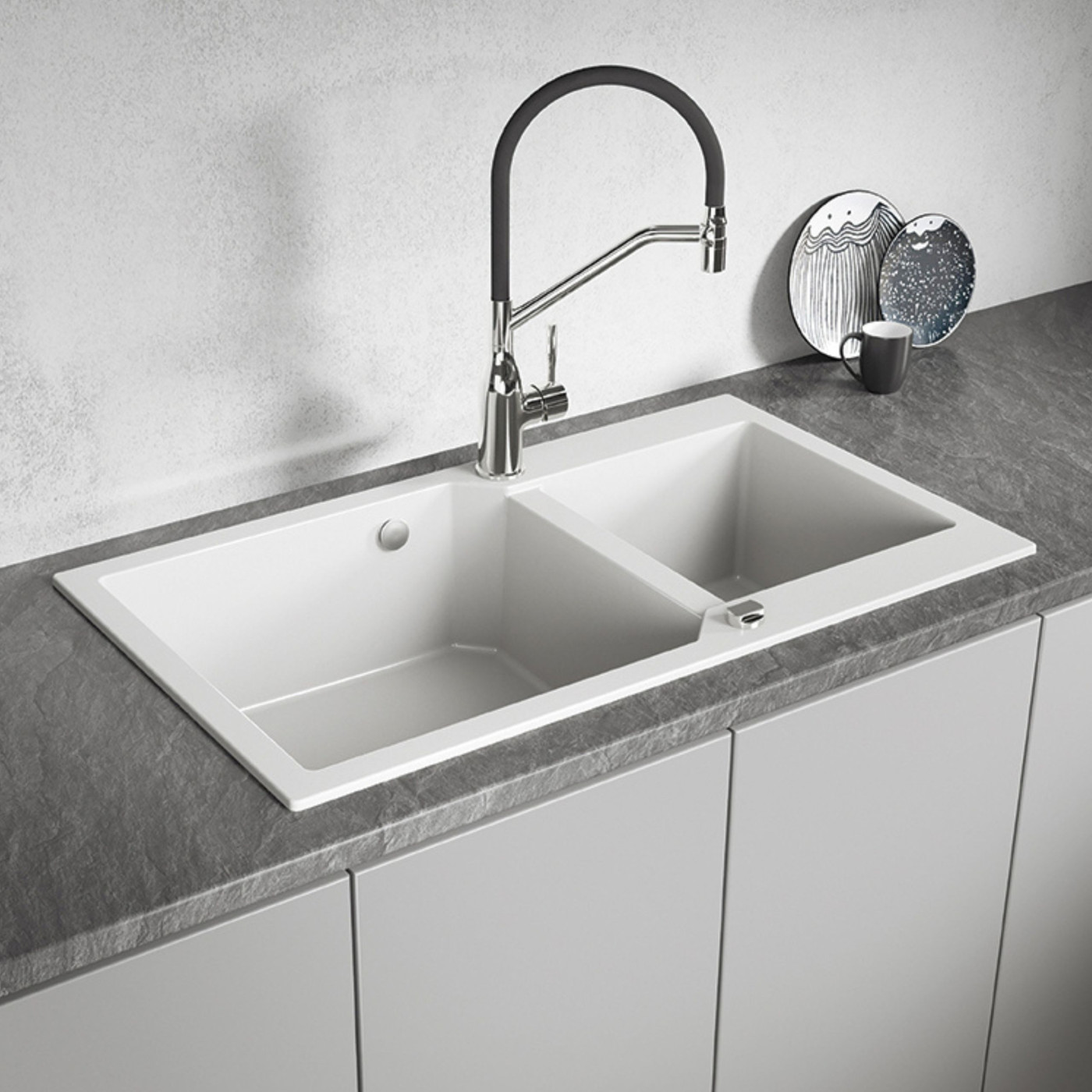 Zlewozmywak Granitowy Dwukomorowy Biały MILOS