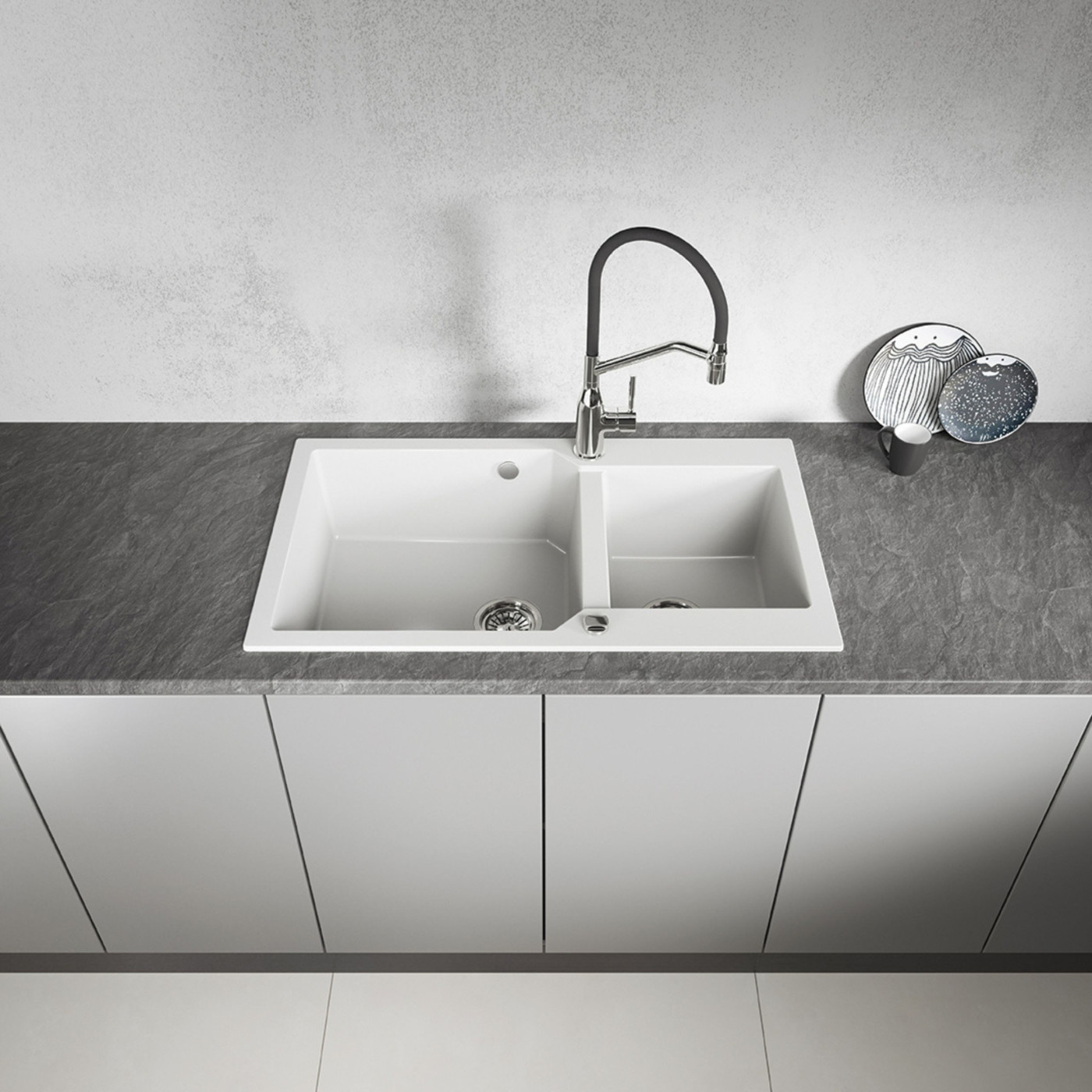 Zlewozmywak Granitowy Dwukomorowy Biały MILOS