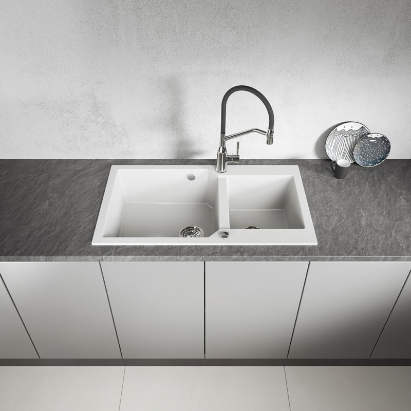 Zlewozmywak Granitowy Dwukomorowy Biały MILOS