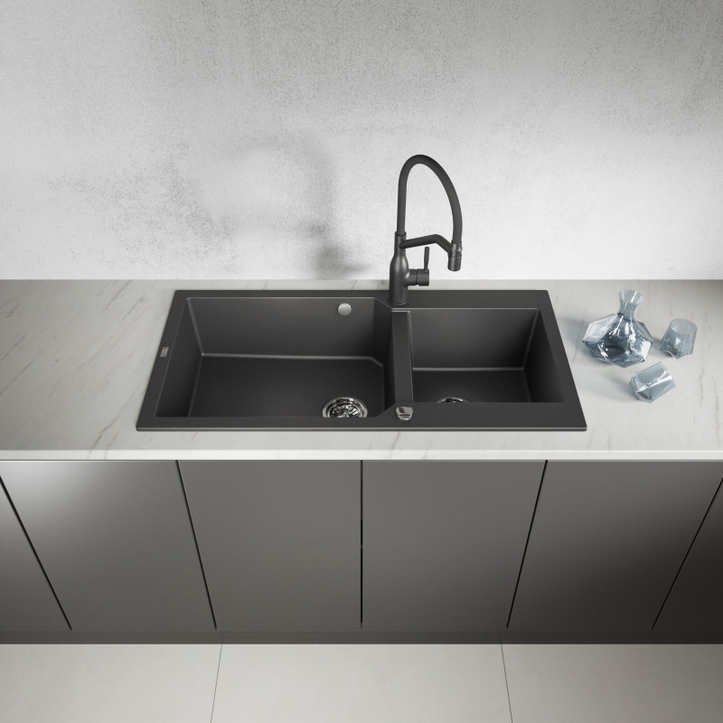 Zlewozmywak Granitowy Dwukomorowy Czarny MILOS