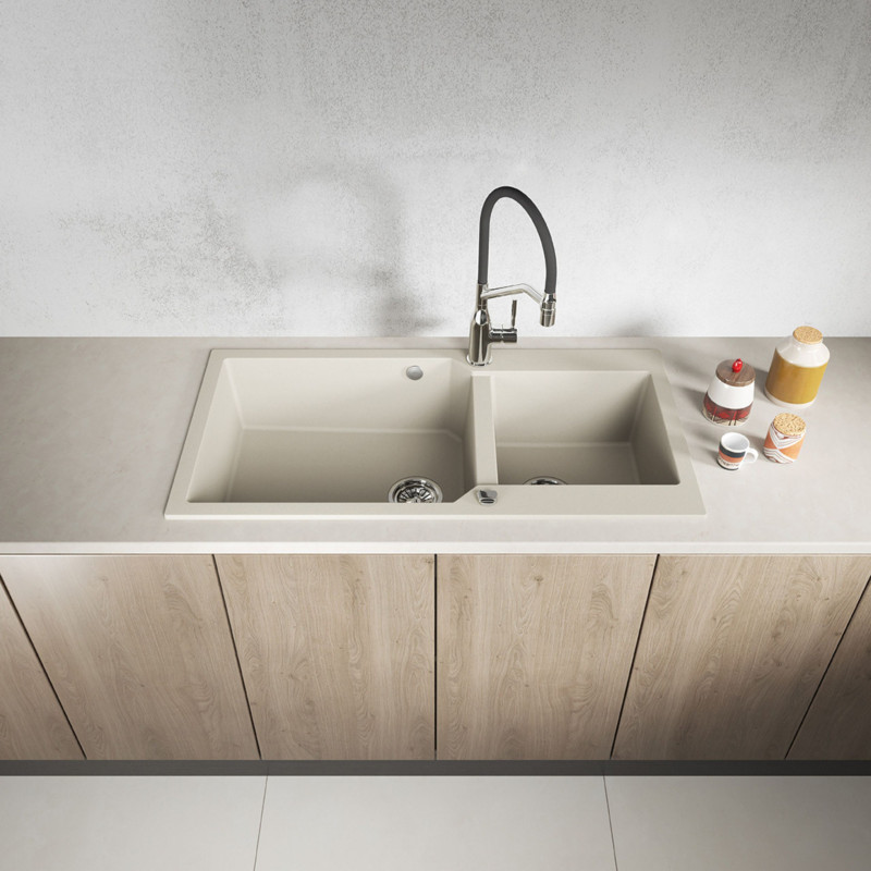 Zlewozmywak Granitowy Dwukomorowy Beżowy MILOS Zlewozmywak Granitowy Dwukomorowy Beżowy MILOS