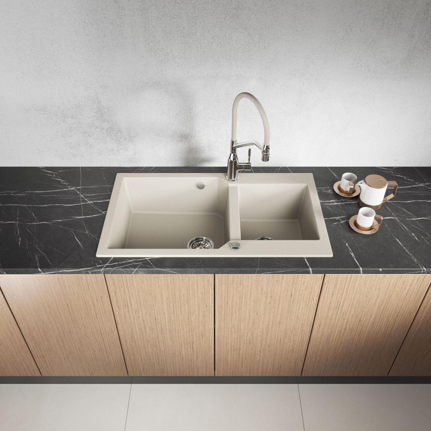 Zlew Zlewozmywak Dwukomorowy Wpuszczany Beżowy Milos Laveo