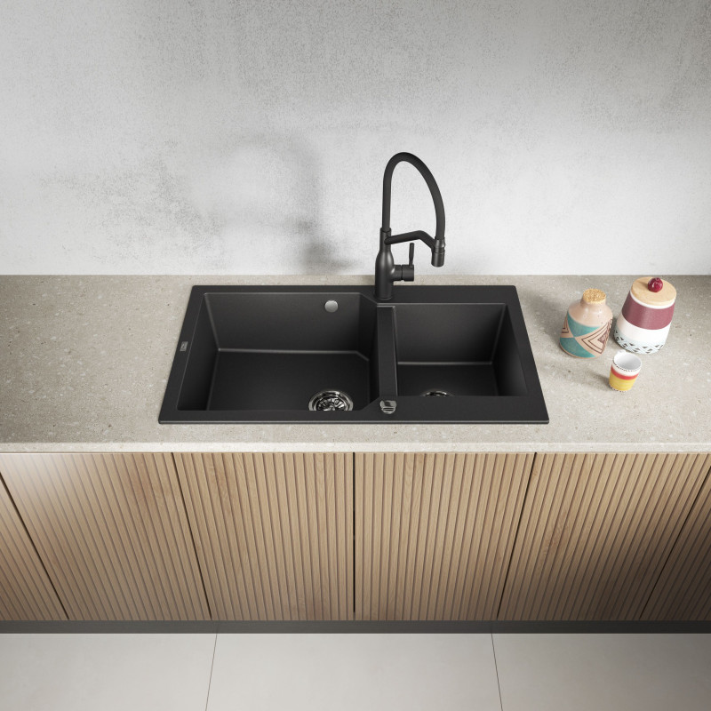 Zlewozmywak Granitowy 2 komorowy 50x86cm z syfonem Czarny MILOS Laveo