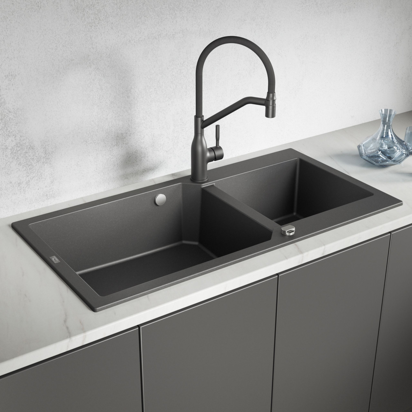 Zlewozmywak Granitowy Dwukomorowy Czarny MILOS